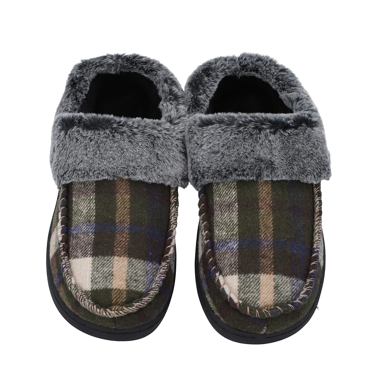 Checkered Pattern Faux Fur Slipper - Khaki & Grey