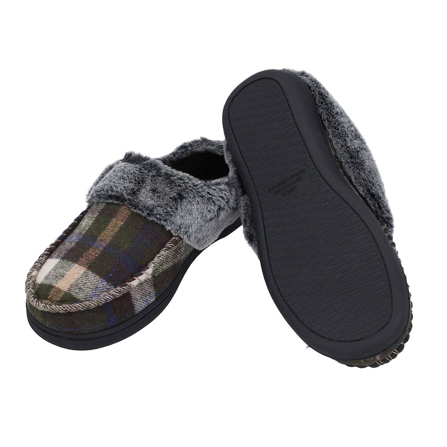 Checkered Pattern Faux Fur Slipper - Khaki & Grey