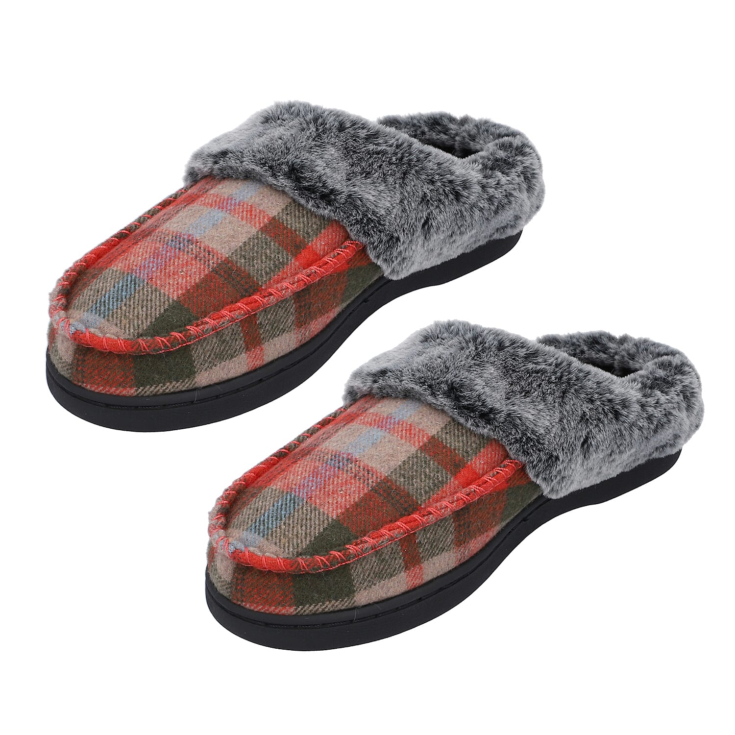 Checkered Pattern Faux Fur Slipper - Khaki & Grey