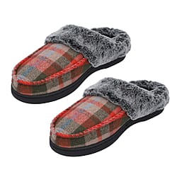 Checkered Pattern Faux Fur Slipper - Khaki & Grey