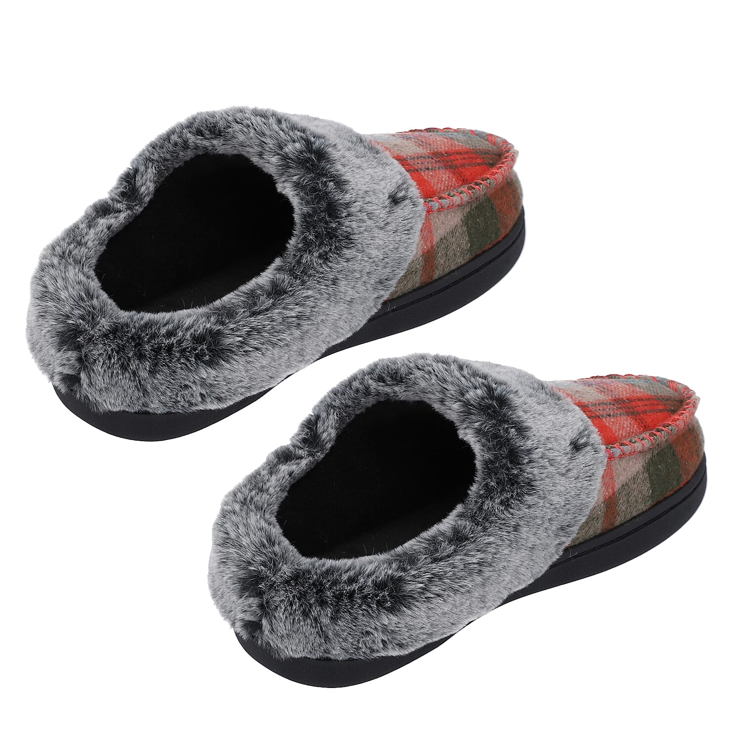 Checkered Pattern Faux Fur Slipper - Khaki & Grey