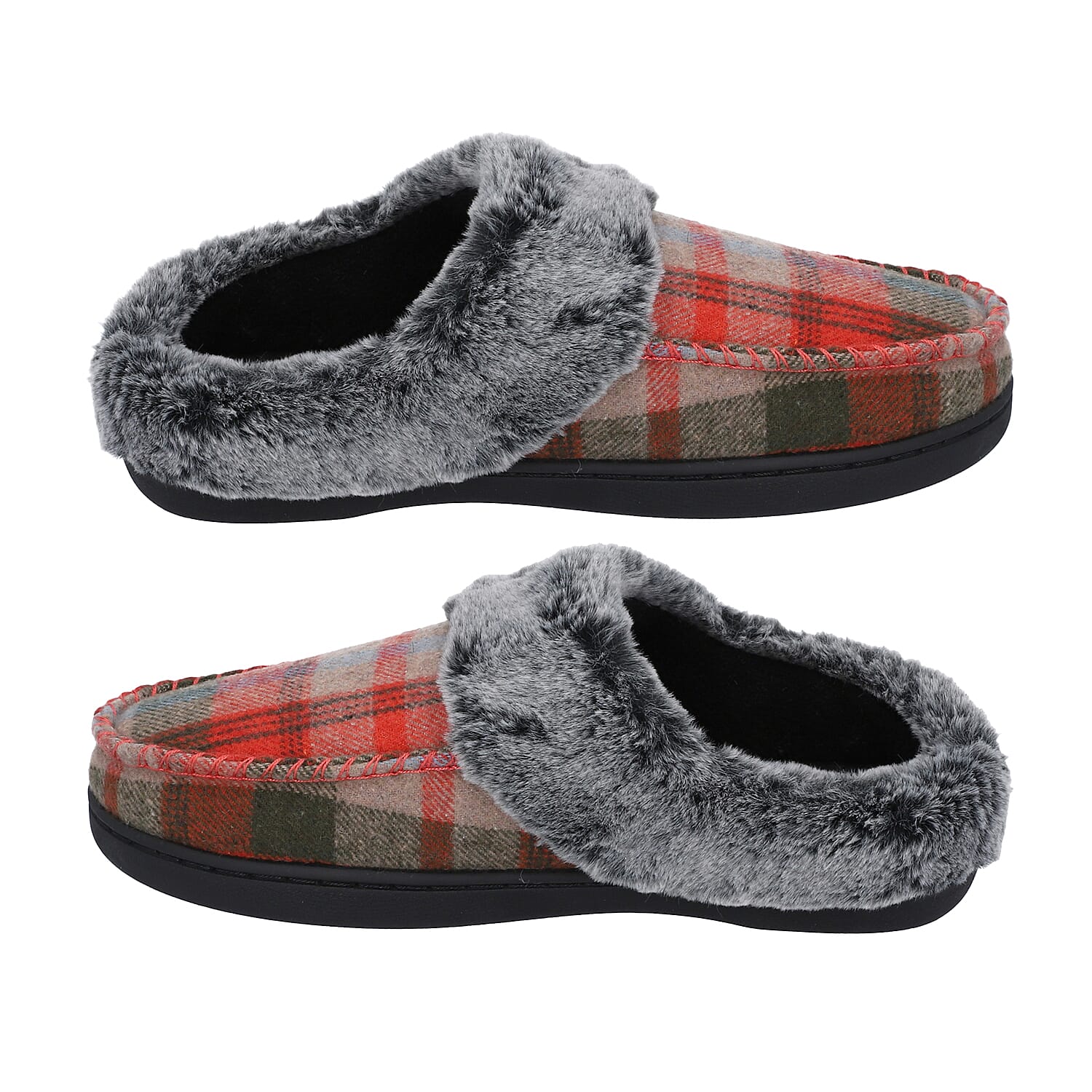 Checkered Pattern Faux Fur Slipper - Khaki & Grey