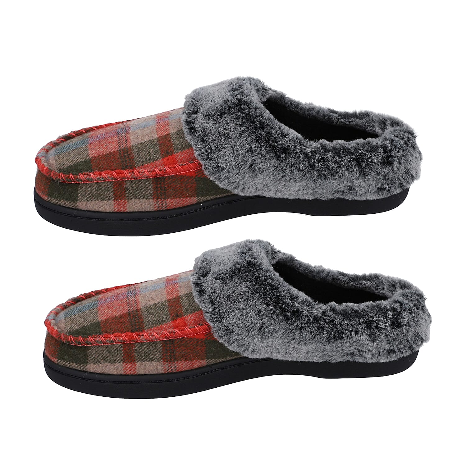 Checkered Pattern Faux Fur Slipper - Khaki & Grey