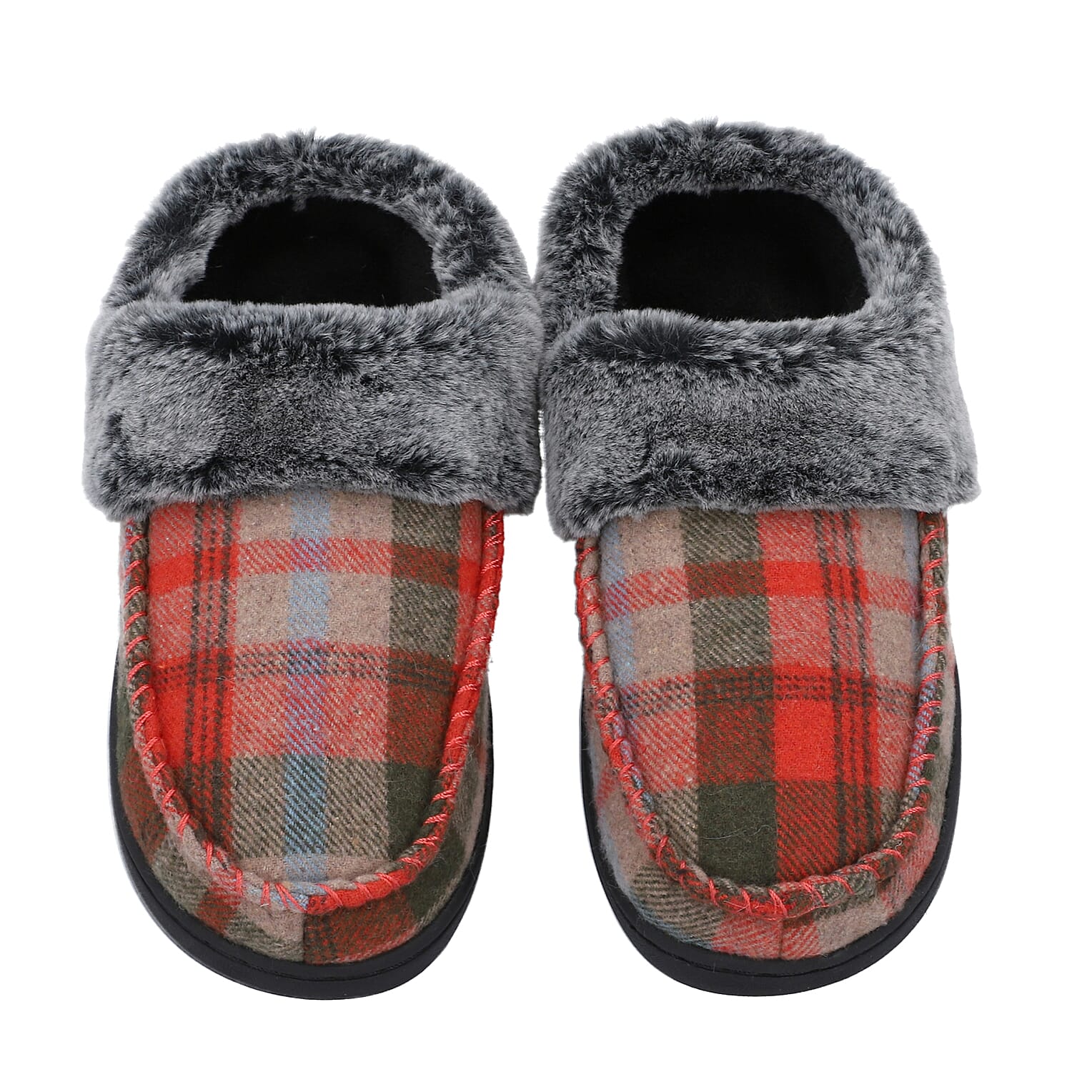 Checkered Pattern Faux Fur Slipper - Khaki & Grey