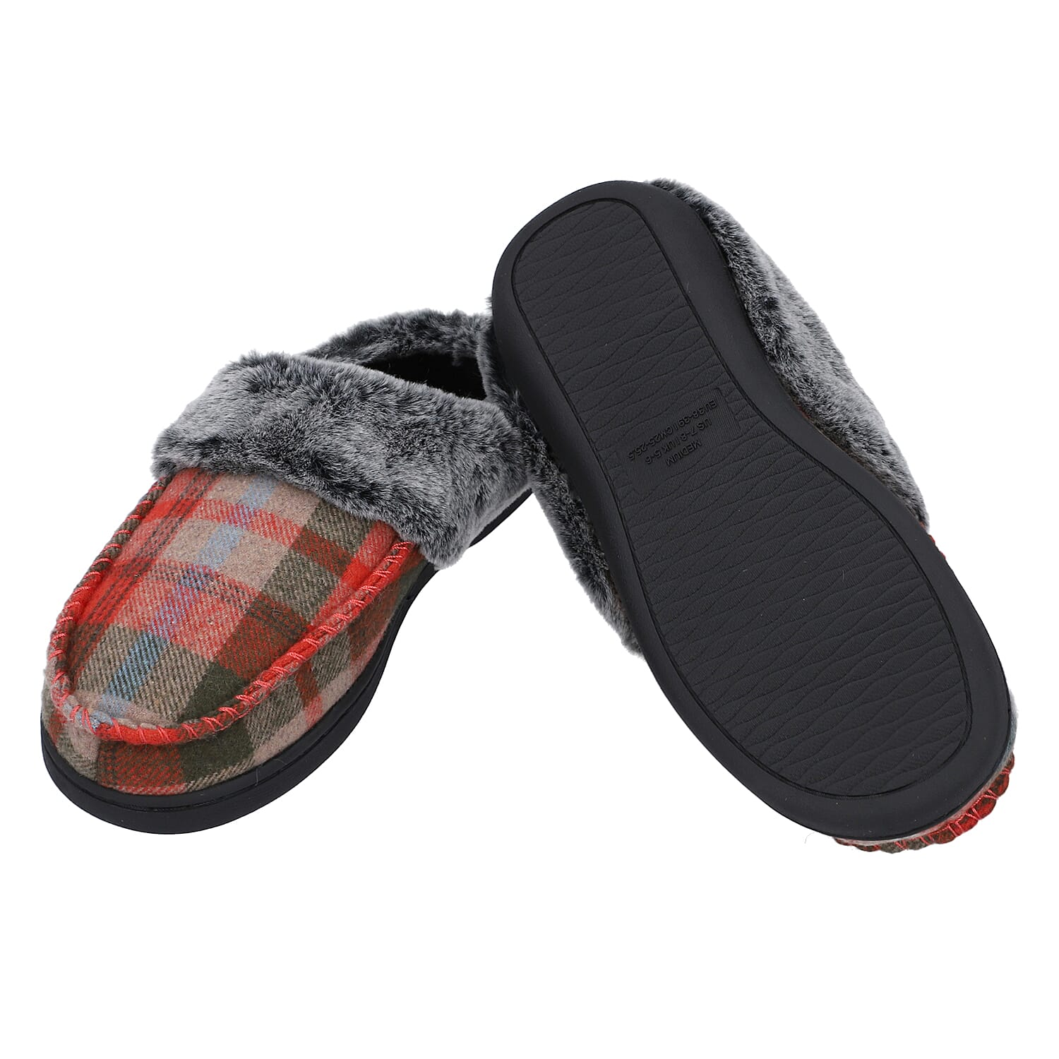 Checkered Pattern Faux Fur Slipper - Khaki & Grey