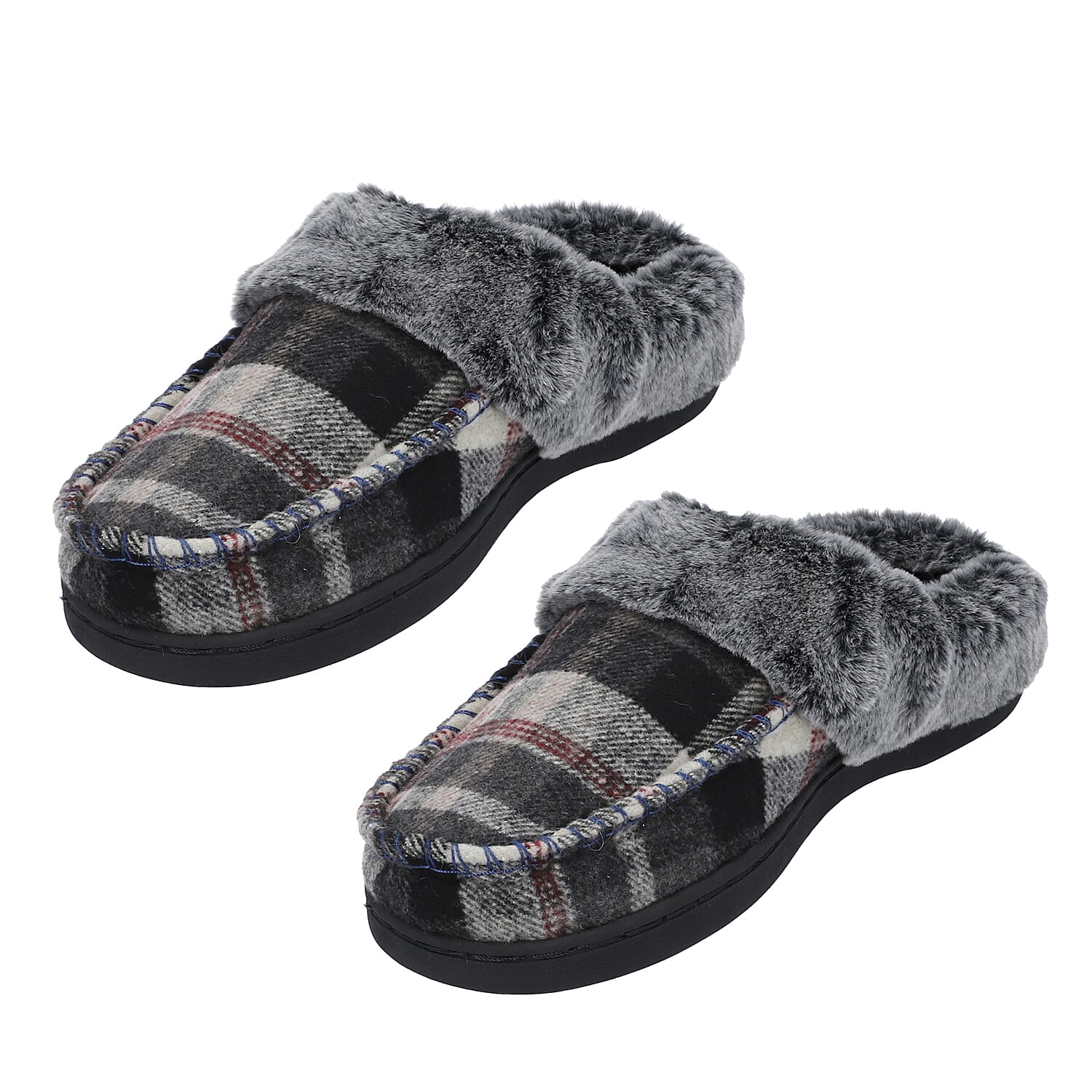 Checkered Pattern Faux Fur Slipper - Khaki & Grey