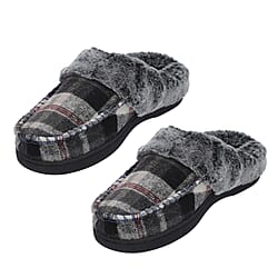 Checkered Pattern Faux Fur Slipper - Khaki & Grey