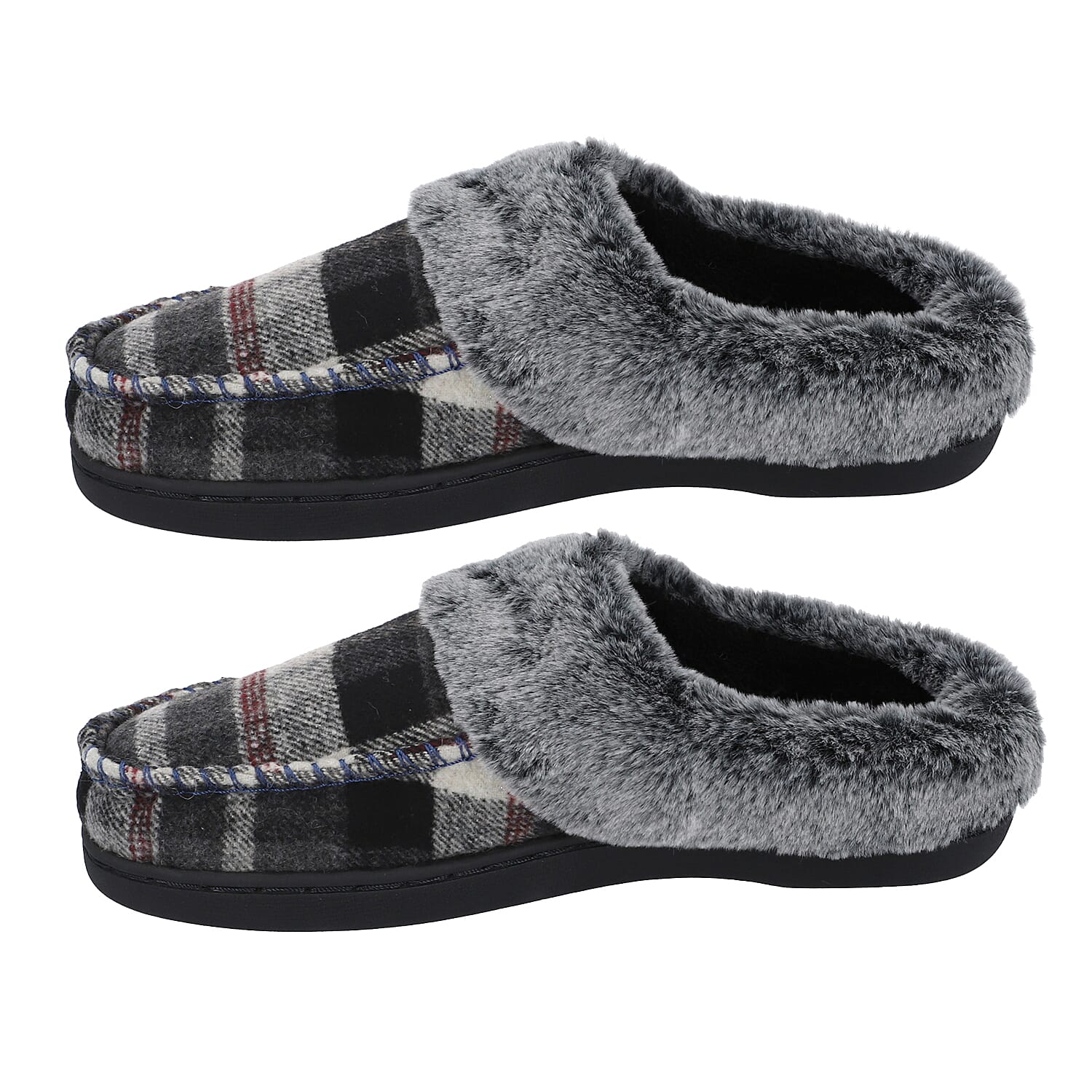 Checkered Pattern Faux Fur Slipper - Khaki & Grey