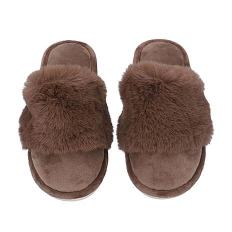 Rabbit Faux Fur Slipper with Waterproof TPR Protection (Size S,3-4) - Brown