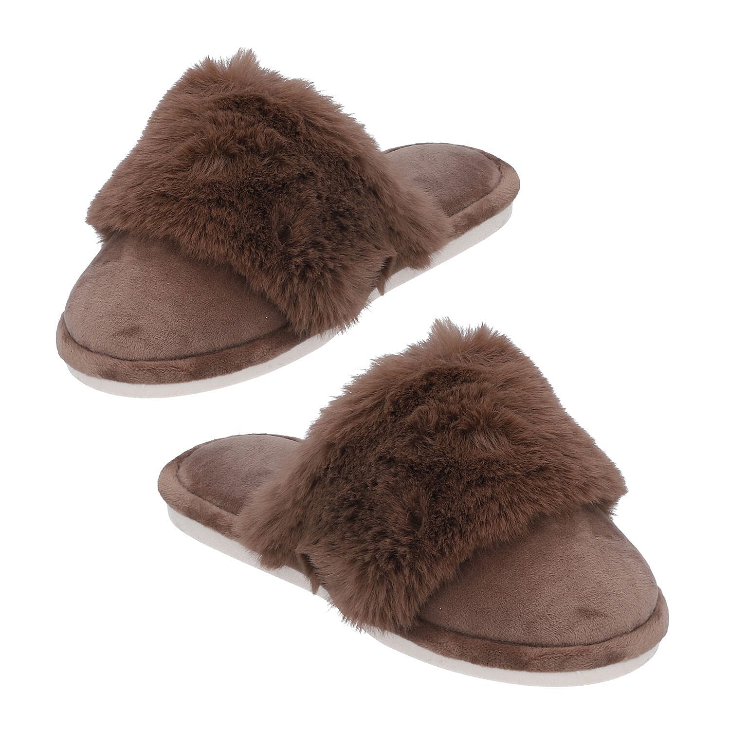 Rabbit Faux Fur Slipper with Waterproof TPR Protection (Size S,3-4) - Brown