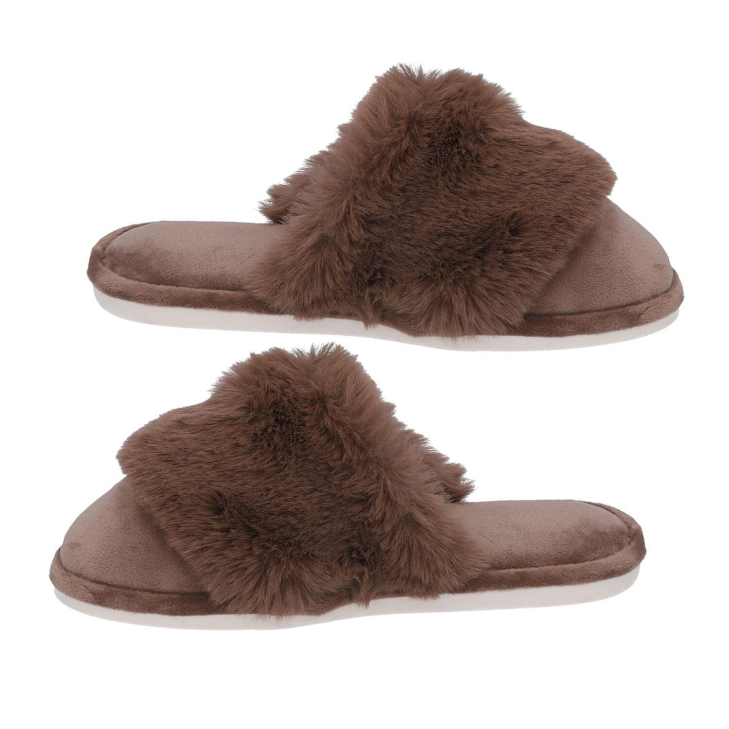 Rabbit Faux Fur Slipper with Waterproof TPR Protection (Size S,3-4) - Brown