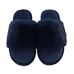 Rabbit Faux Fur Slipper with Waterproof TPR Proctection (Size 3-4) - Navy Blue