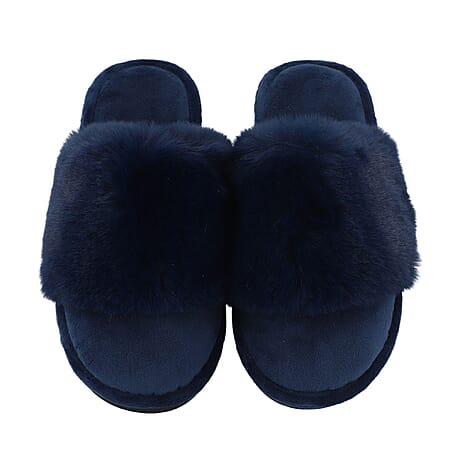Rabbit Faux Fur Slipper with Waterproof TPR Proctection (Size S, 3-4) - Navy Blue