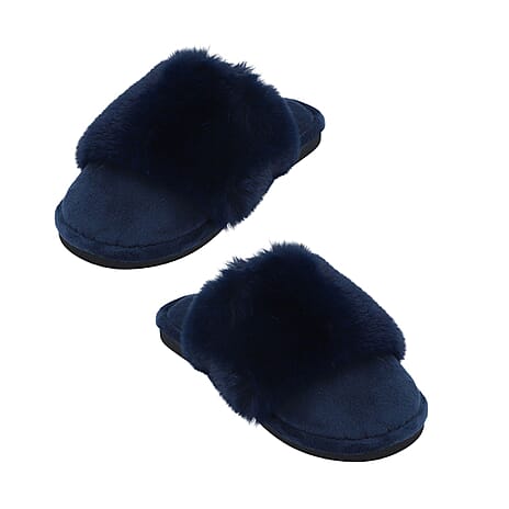 Rabbit Faux Fur Slipper with Waterproof TPR Proctection (Size S, 3-4) - Navy Blue