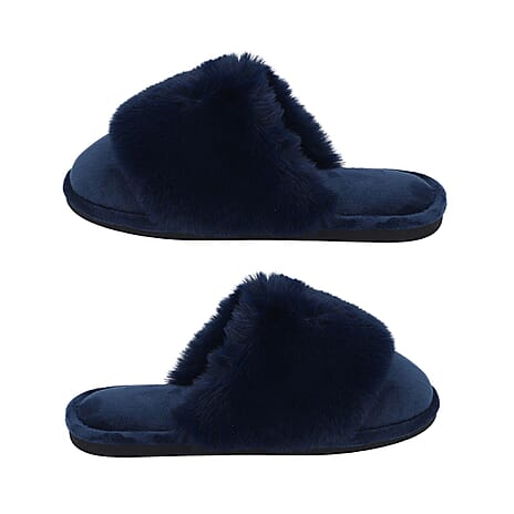 Rabbit Faux Fur Slipper with Waterproof TPR Proctection (Size S, 3-4) - Navy Blue