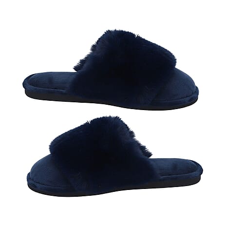 Rabbit Faux Fur Slipper with Waterproof TPR Proctection (Size S, 3-4) - Navy Blue