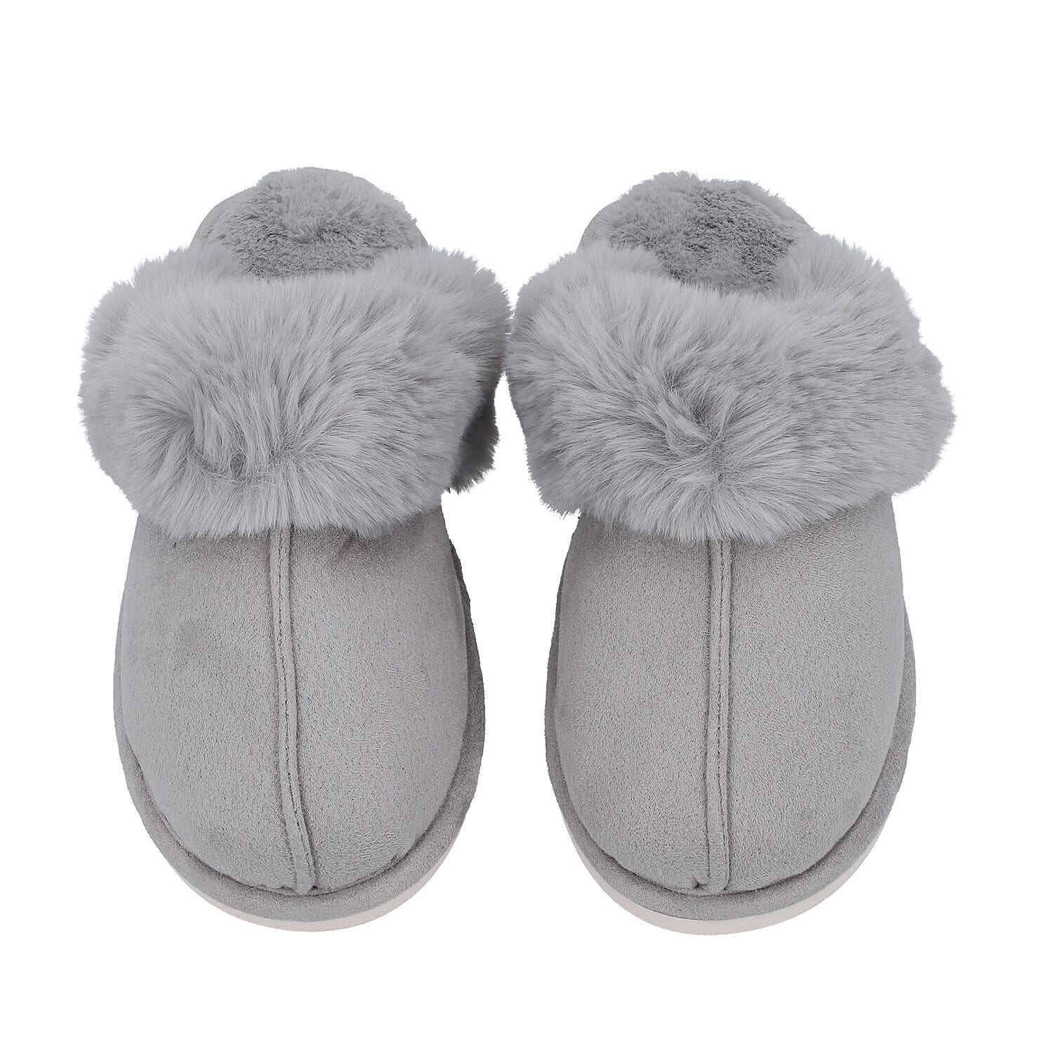 Super Soft Seude Faux Fur Slippers with Waterproof TPR Sole (Size 3-4) - Grey