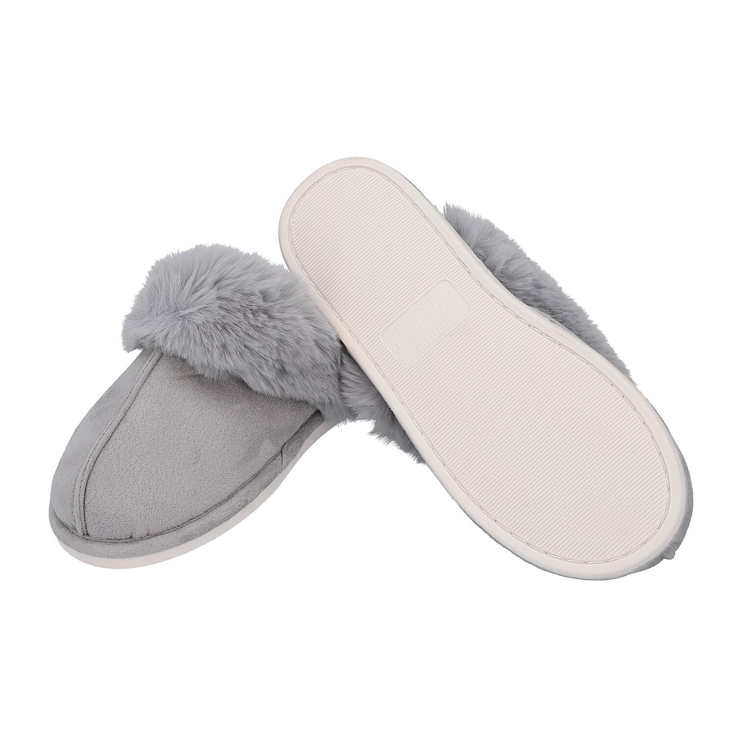 Super Soft Seude Faux Fur Slippers with Waterproof TPR Sole (Size 3-4) - Grey