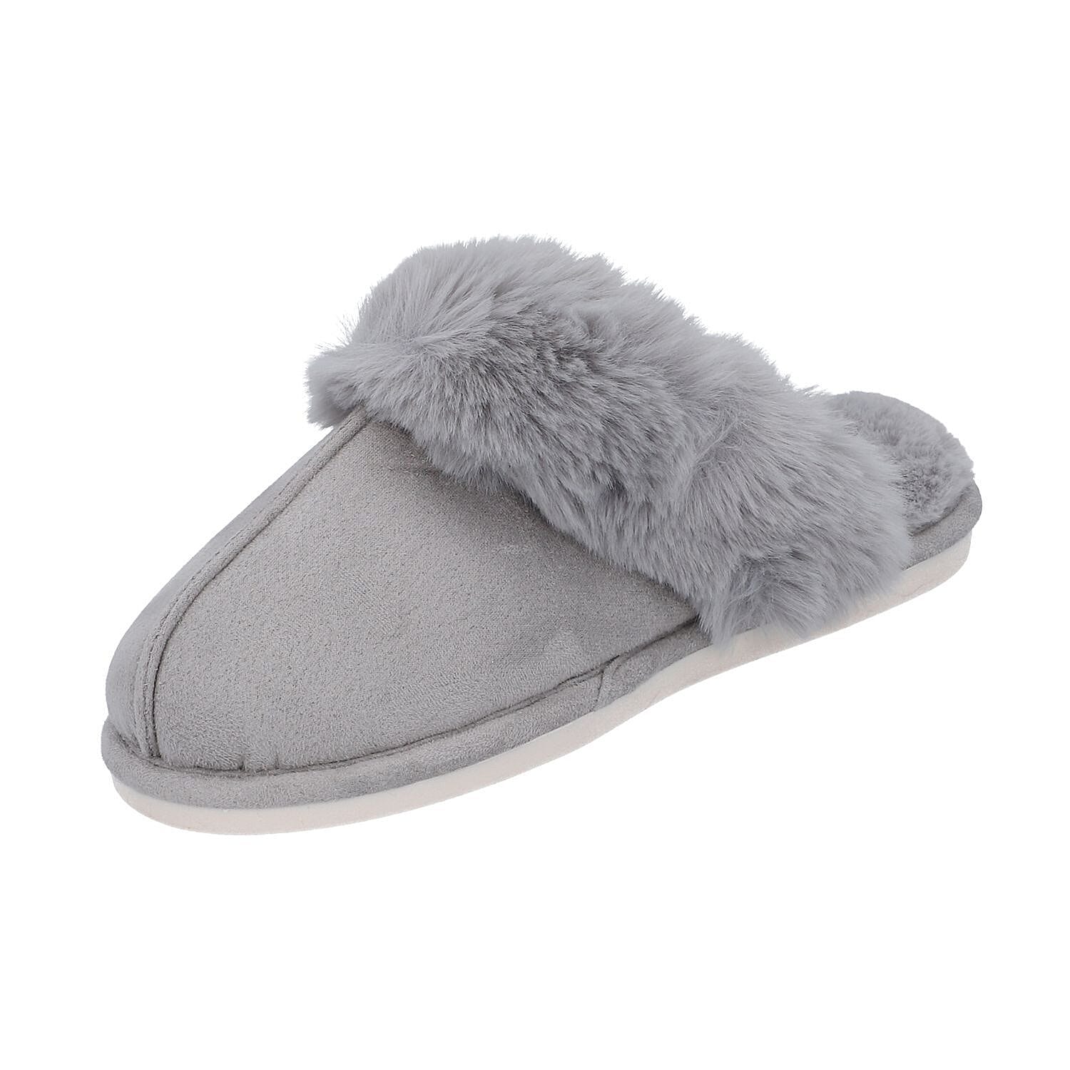 Super Soft Seude Faux Fur Slippers with Waterproof TPR Sole (Size 3-4) - Grey