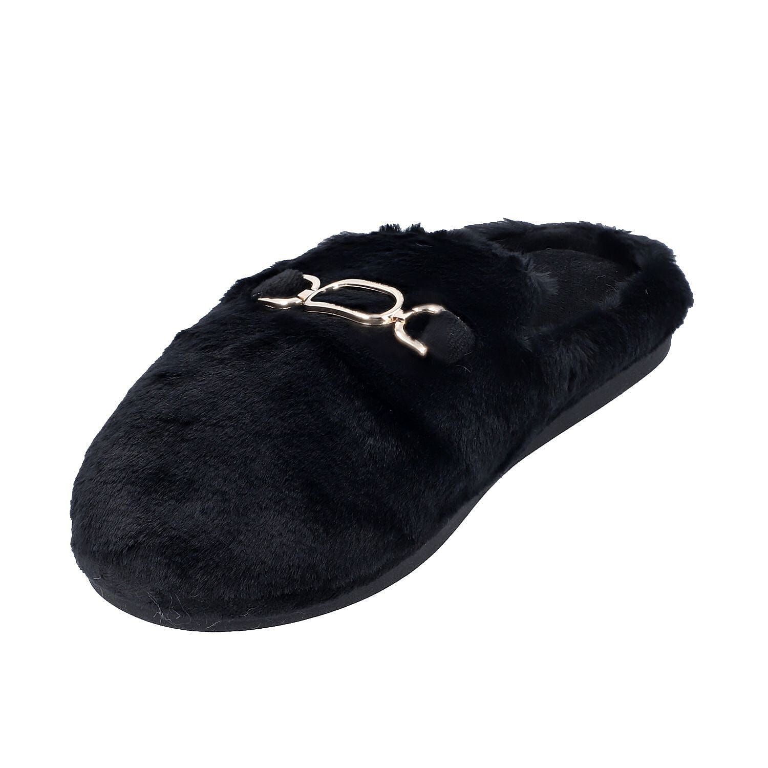 Super Soft Seude Faux Fur Slippers (Size 3-4) - Black