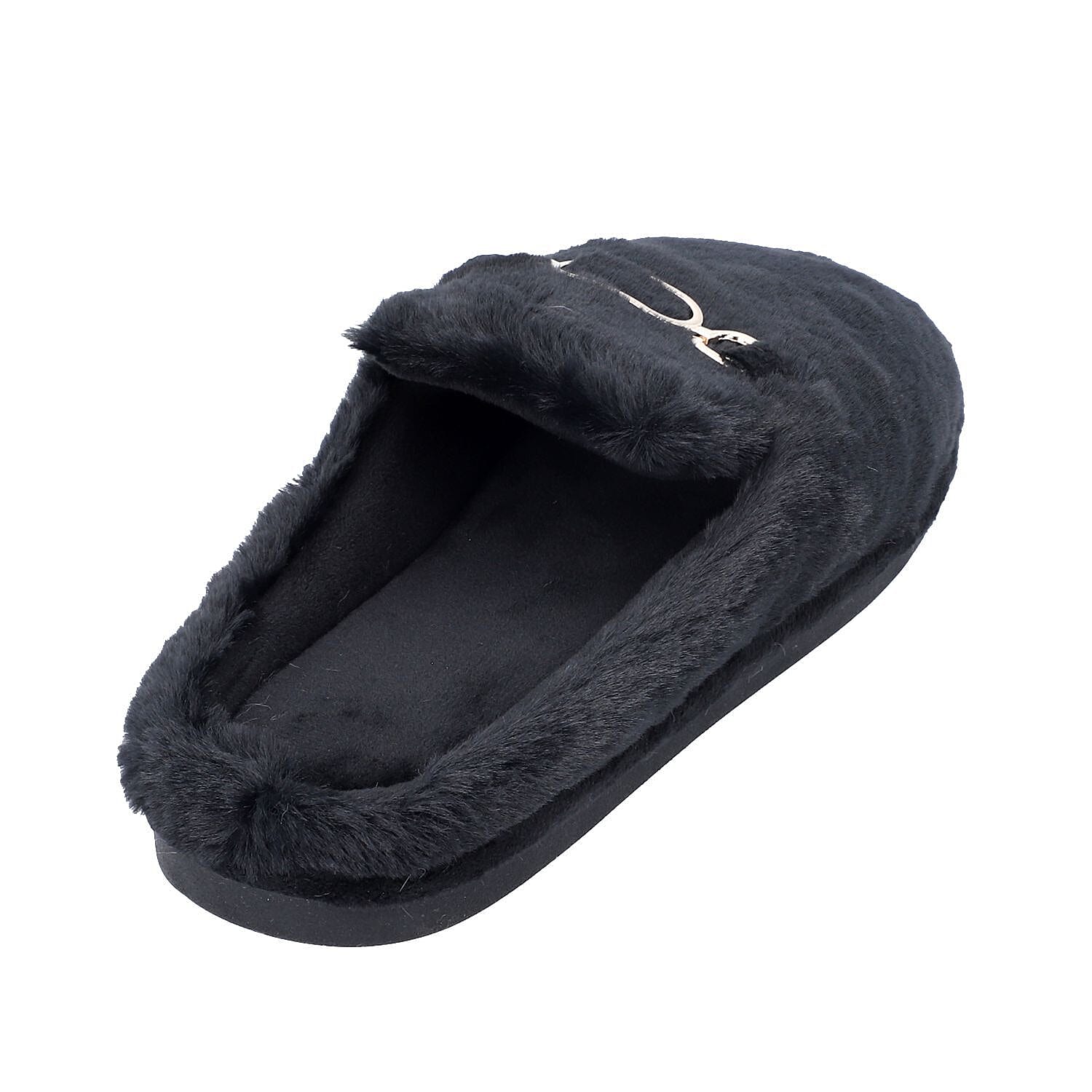 Super Soft Seude Faux Fur Slippers (Size 3-4) - Black