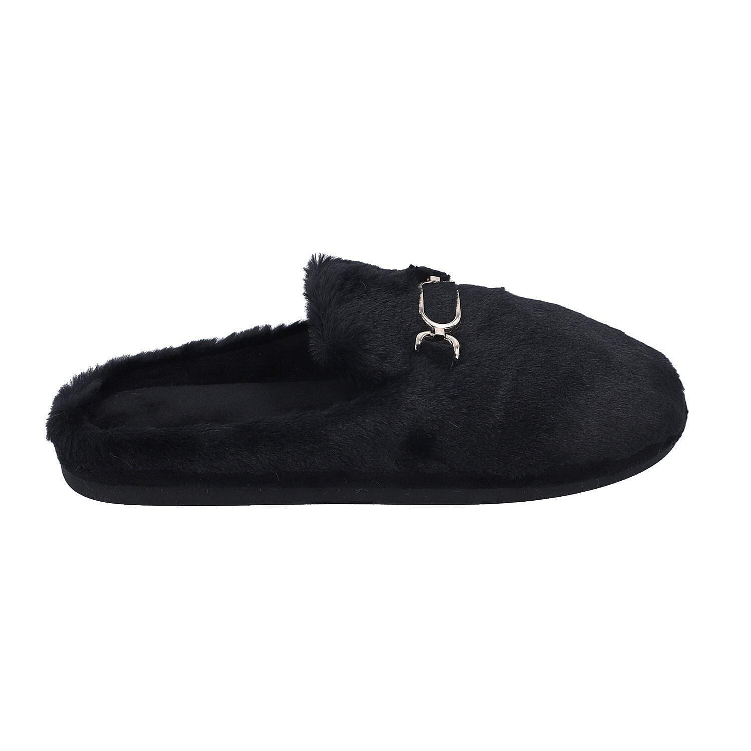 Super Soft Seude Faux Fur Slippers with Gold Chain and Waterproof TPR Sole (Size 5-6) - Black