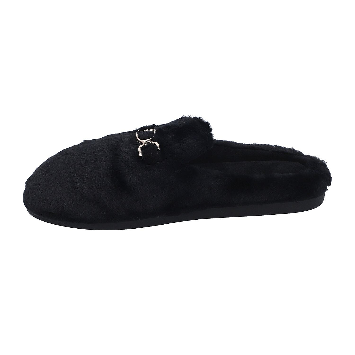 Super Soft Seude Faux Fur Slippers with Gold Chain and Waterproof TPR Sole (Size 5-6) - Black