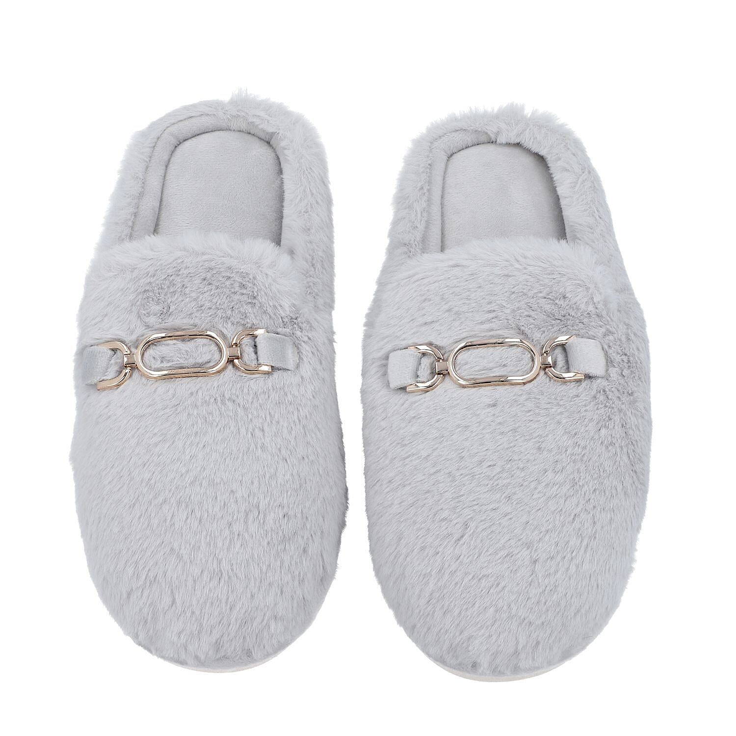 Super Soft Seude Faux Fur Slippers with Gold Chain and Waterproof TPR Sole (Size 5-6) - Black