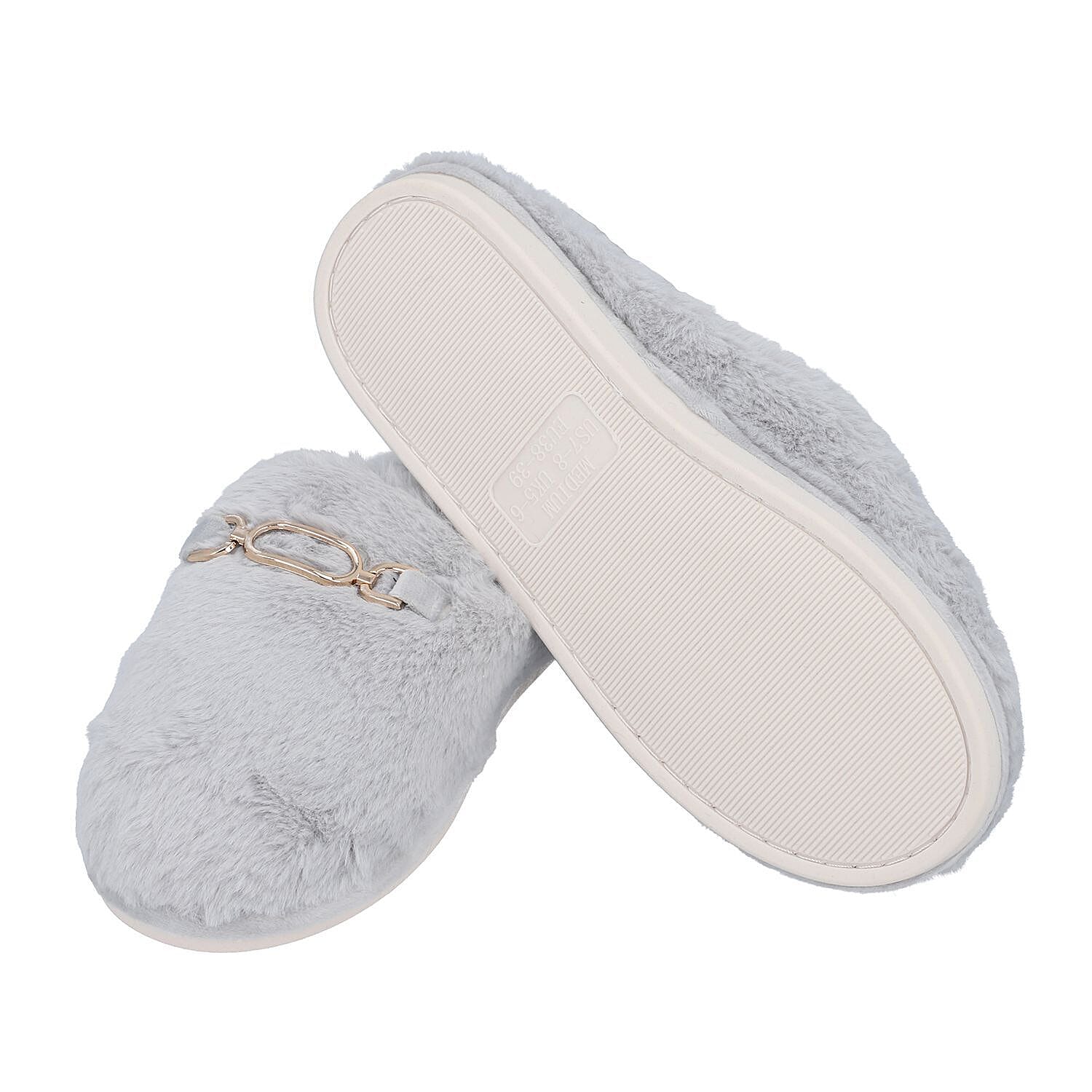 Super Soft Seude Faux Fur Slippers with Gold Chain and Waterproof TPR Sole (Size 5-6) - Black