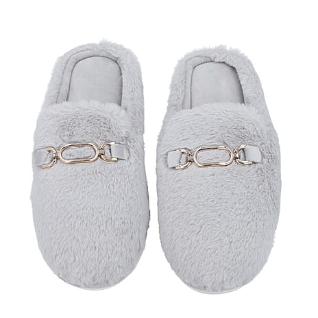 Super Soft Seude Faux Fur Slippers with Waterproof TPR Sole (Size 7-8) - Grey