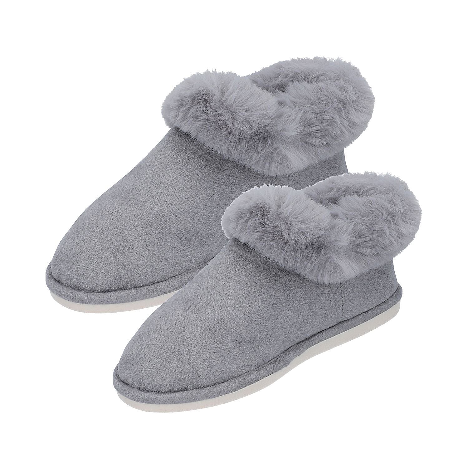 Rabbit Faux Fur Slipper with Waterproof TPR Proctection (Size S, 3-4) - Grey