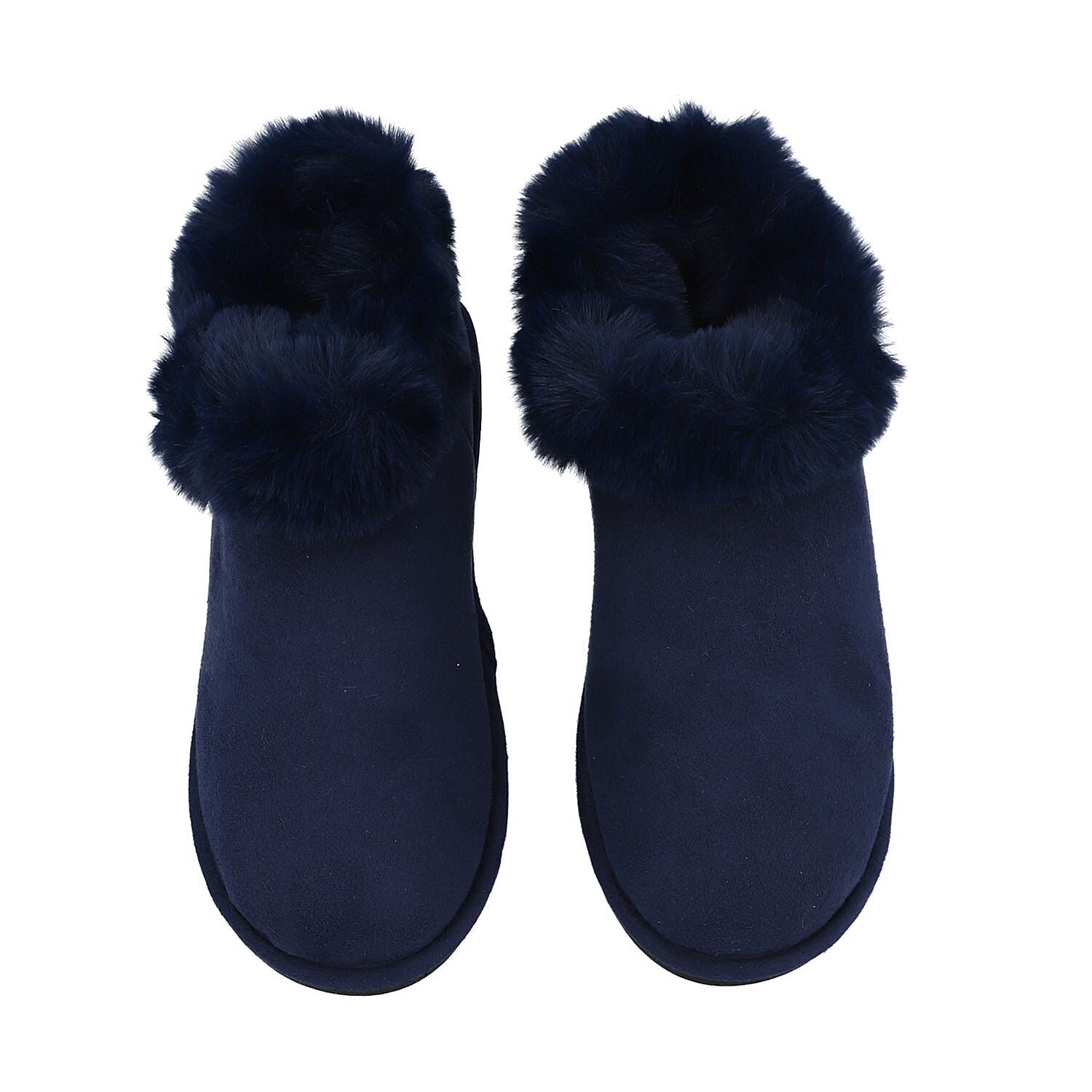 Rabbit Faux Fur Slipper with Waterproof TPR Proctection (Size L, 7-8) - Navy Blue