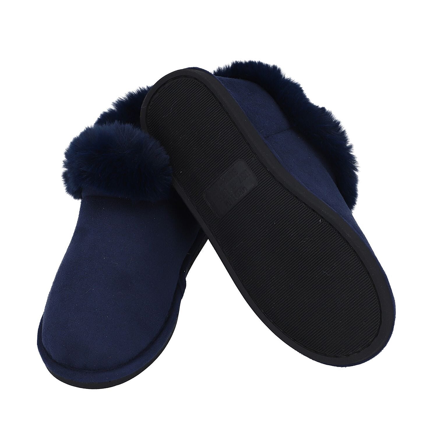 Rabbit Faux Fur Slipper with Waterproof TPR Proctection (Size L, 7-8) - Navy Blue