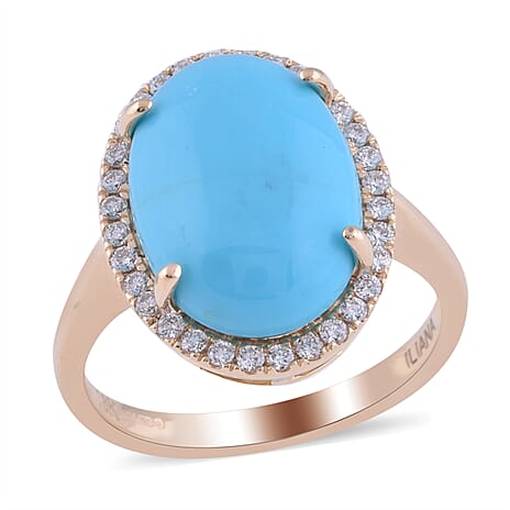 ILIANA 18K Yellow Gold AAA Arizona Sleeping Beauty Turquoise (OV 14X10mm 4.00 Cts) and Diamond (G-H- S-I) Ring 4.30 Ct.