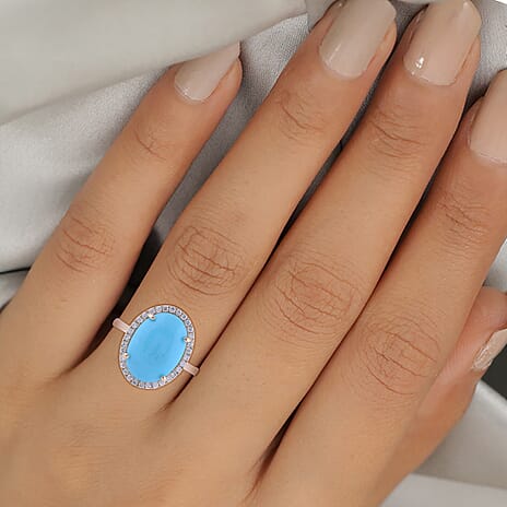 ILIANA 18K Yellow Gold AAA Arizona Sleeping Beauty Turquoise (OV 14X10mm 4.00 Cts) and Diamond (G-H- S-I) Ring 4.30 Ct.