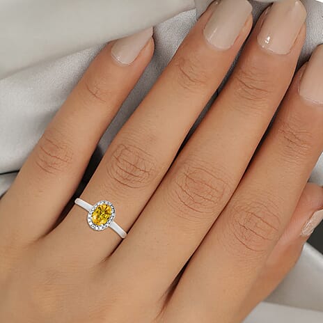 ILIANA 18K White Gold AAA Loupe Clean Chanthaburi Yellow Sapphire and Diamond (G-H-SI) Halo Ring 1.25 Ct.