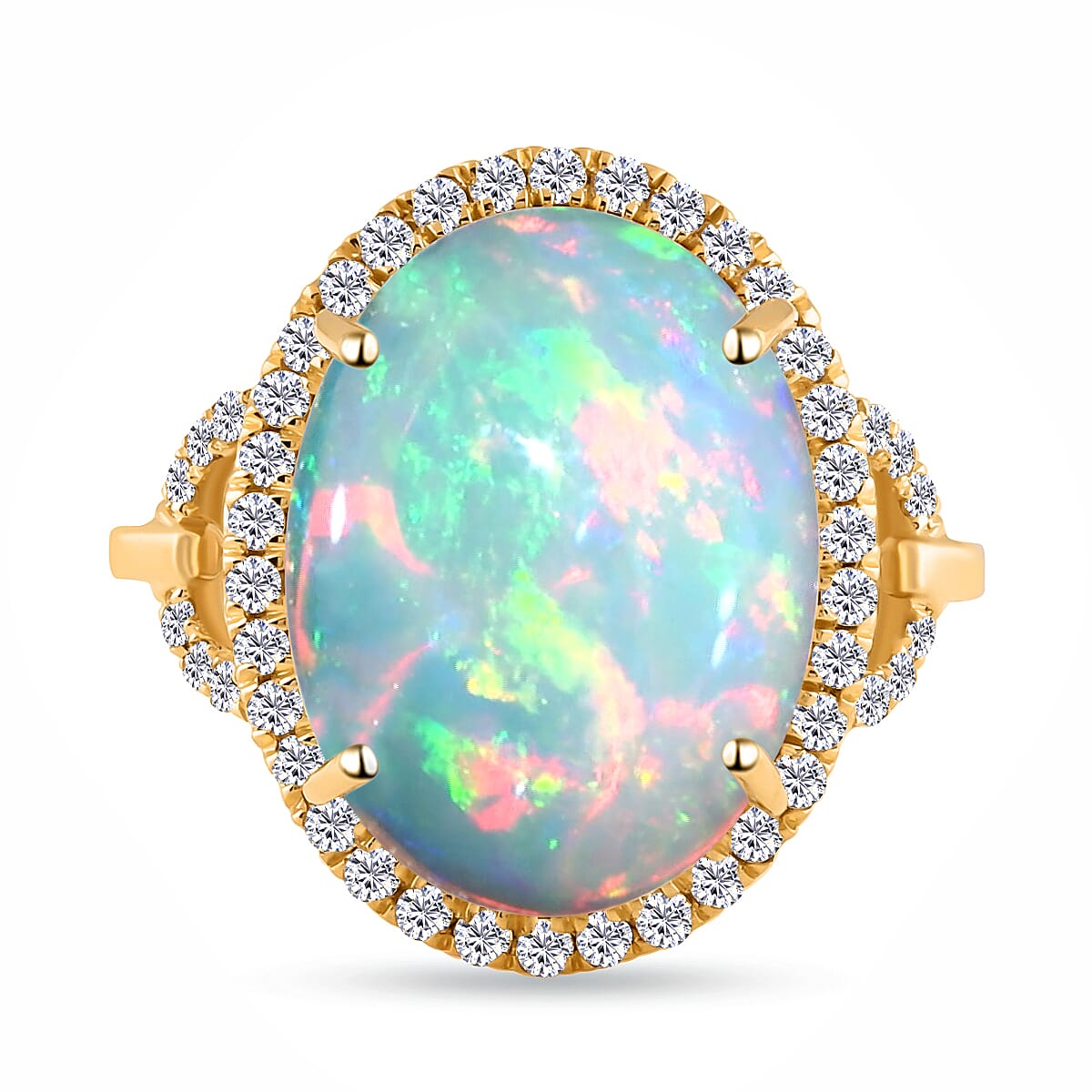 ILIANA 18K Yellow Gold AAAA Ethiopian Welo Opal (OV16x12, 6.50 Ct) and Diamond (G-H-SI 0.50) Ring 7.00 Ct