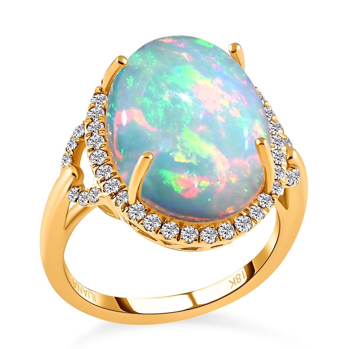 ILIANA 18K Yellow Gold AAAA Ethiopian Welo Opal (OV16x12, 6.50 Ct) and Diamond (G-H-SI 0.50) Ring 7.00 Ct