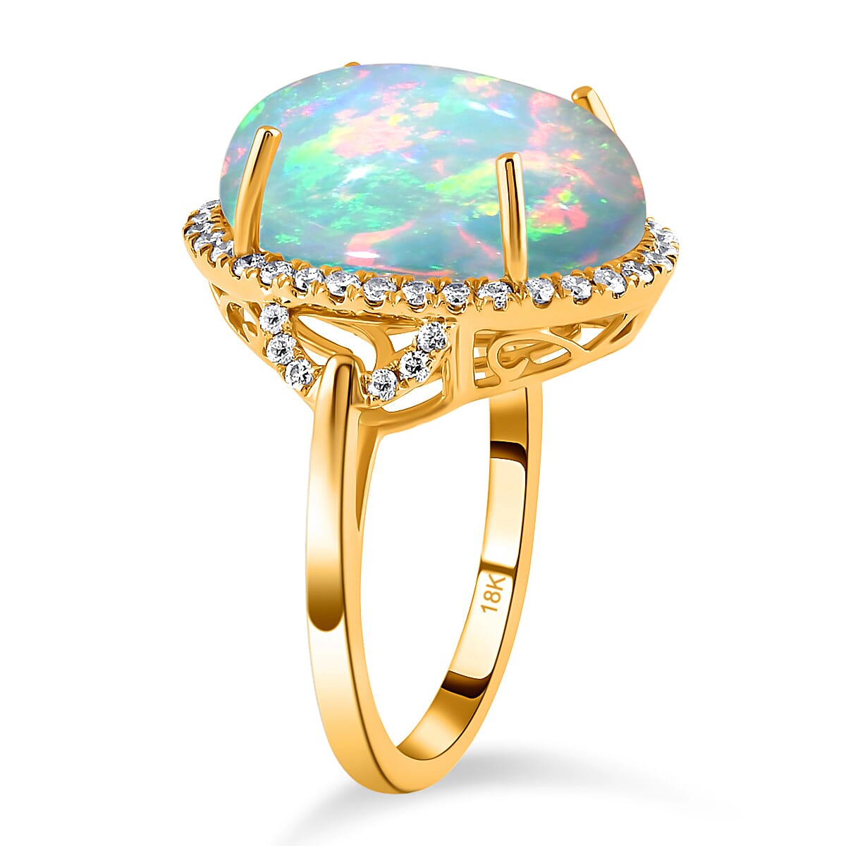 ILIANA 18K Yellow Gold AAAA Ethiopian Welo Opal (OV16x12, 6.50 Ct) and Diamond (G-H-SI 0.50) Ring 7.00 Ct