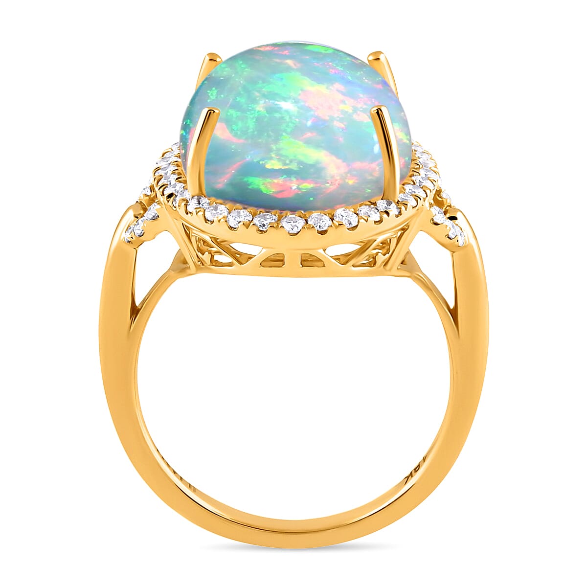 ILIANA 18K Yellow Gold AAAA Ethiopian Welo Opal (OV16x12, 6.50 Ct) and Diamond (G-H-SI 0.50) Ring 7.00 Ct