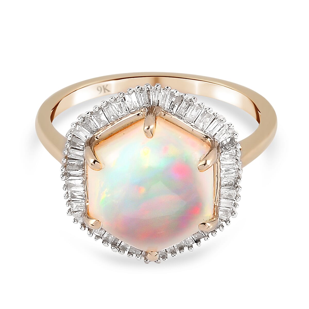 9K Yellow Gold Ethiopian Welo Opal ( Hexagon 3 Cts) and Diamond Ring 3.25 Ct.