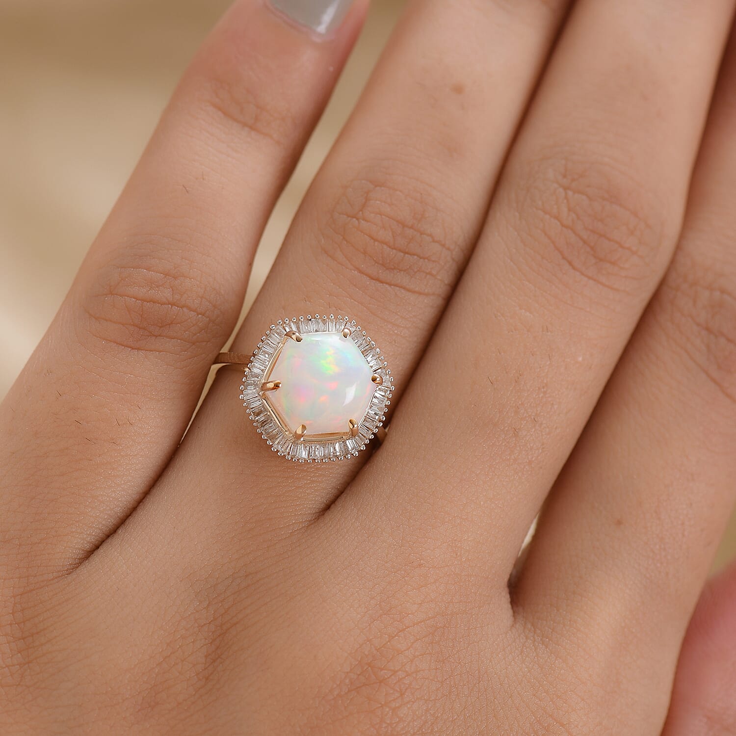 9K Yellow Gold Ethiopian Welo Opal ( Hexagon 3 Cts) and Diamond Ring 3.25 Ct.
