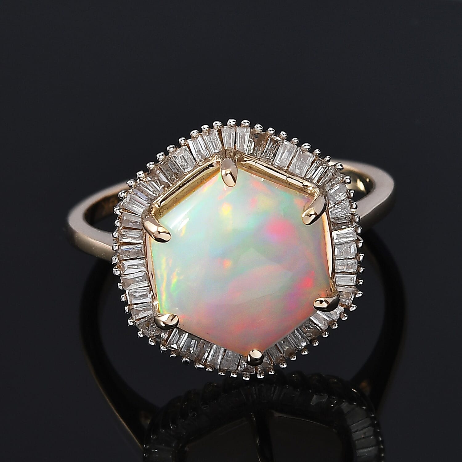 9K Yellow Gold Ethiopian Welo Opal ( Hexagon 3 Cts) and Diamond Ring 3.25 Ct.