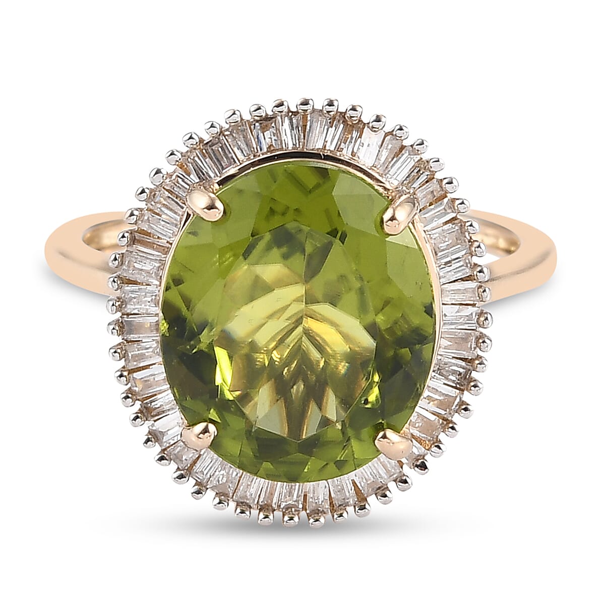 9K Yellow Gold Extremely Rare AA Natural Hebei Peridot and Diamond Halo Ring 4.86 Ct.