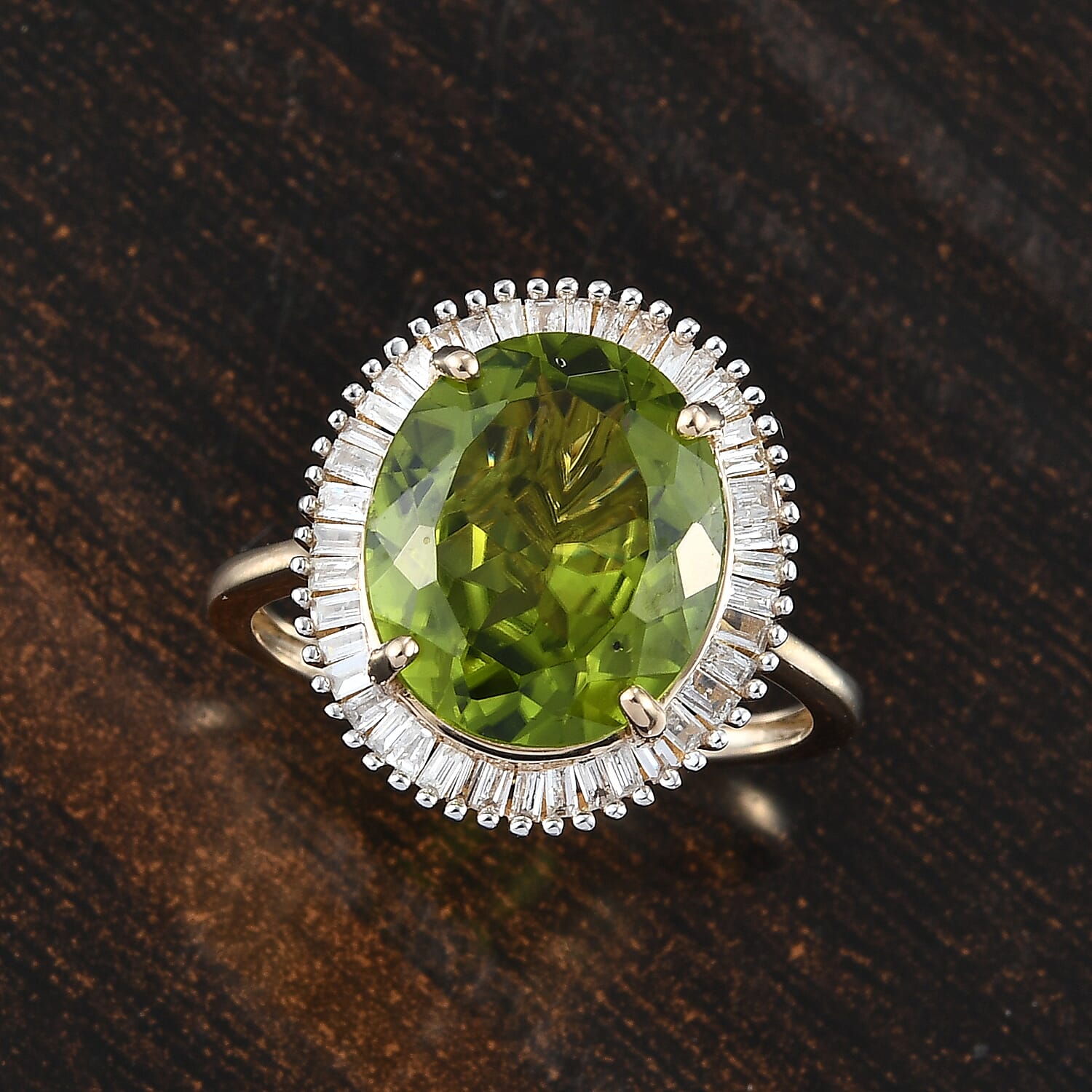 9K Yellow Gold Extremely Rare AA Natural Hebei Peridot and Diamond Halo Ring 4.86 Ct.
