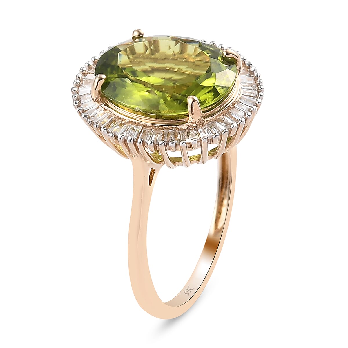 9K Yellow Gold Extremely Rare AA Natural Hebei Peridot and Diamond Halo Ring 4.86 Ct.
