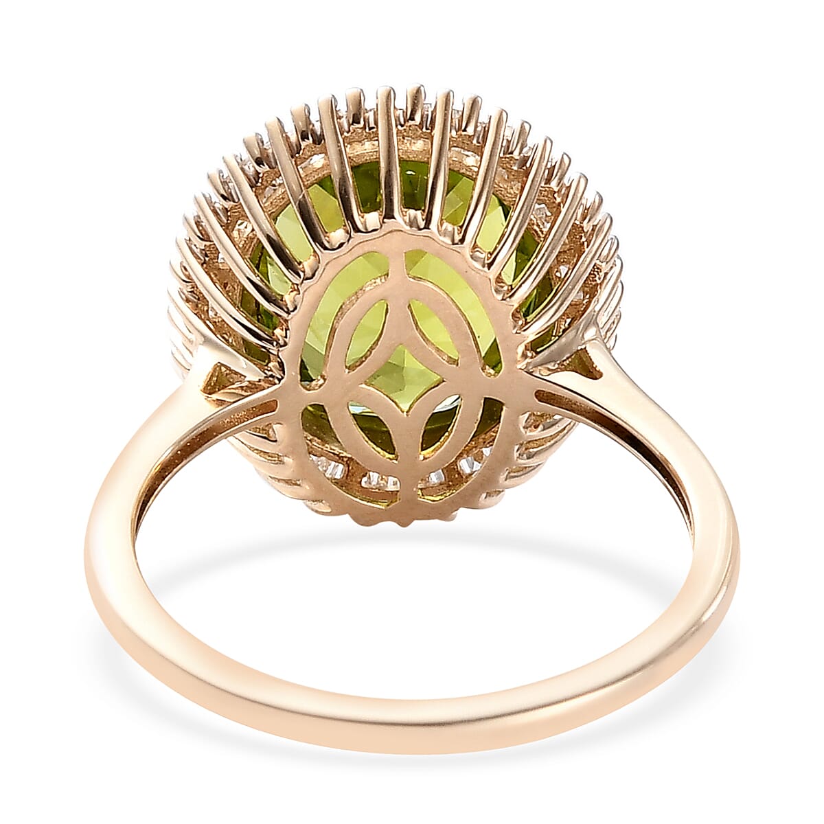 9K Yellow Gold Extremely Rare AA Natural Hebei Peridot and Diamond Halo Ring 4.86 Ct.