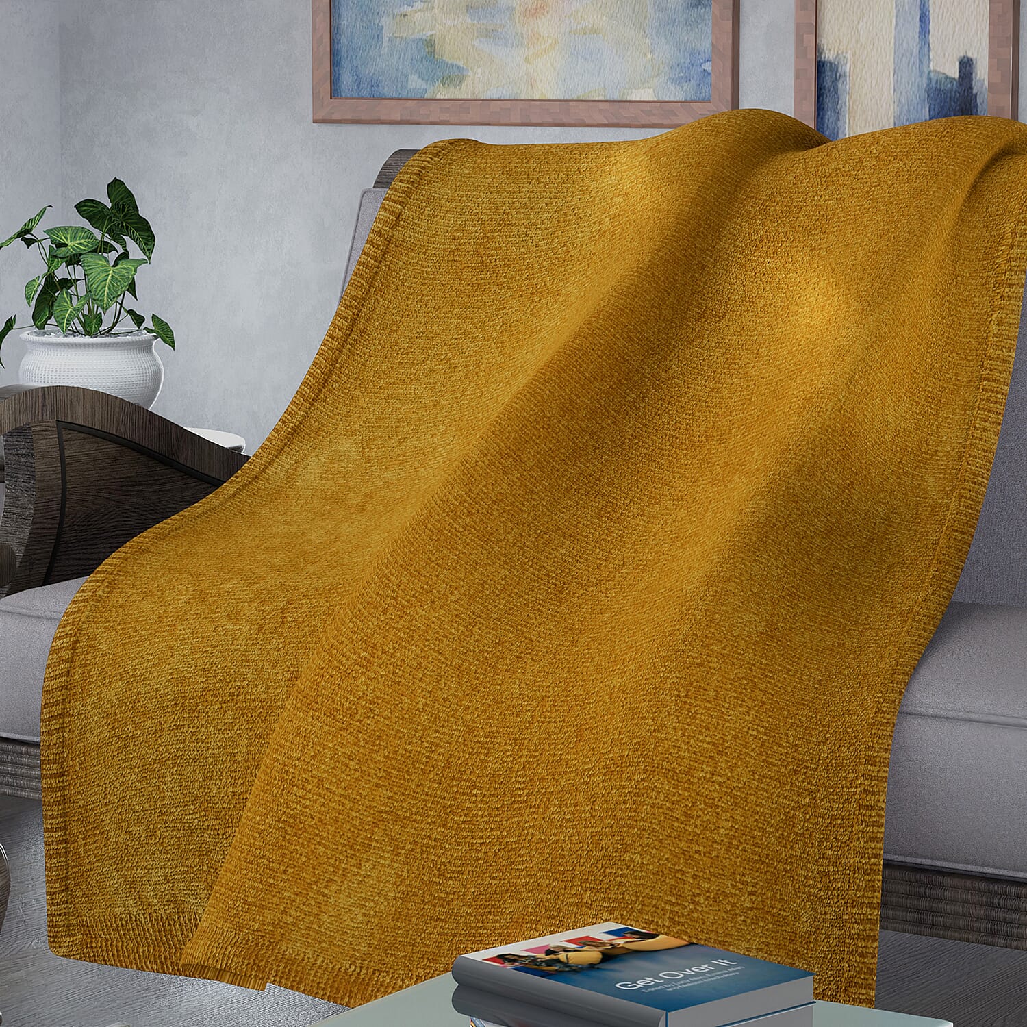 Close Out Deal - Chenille Wrinkle and Stain Resistance Throw with Border (Size 130x170 Cm) - Yellow