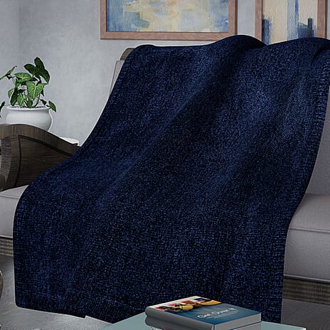 Close Out Deal - Chenille Wrinkle and Stain Resistance Solid Throw with Border (Size 130x170 Cm) - Navy Blue