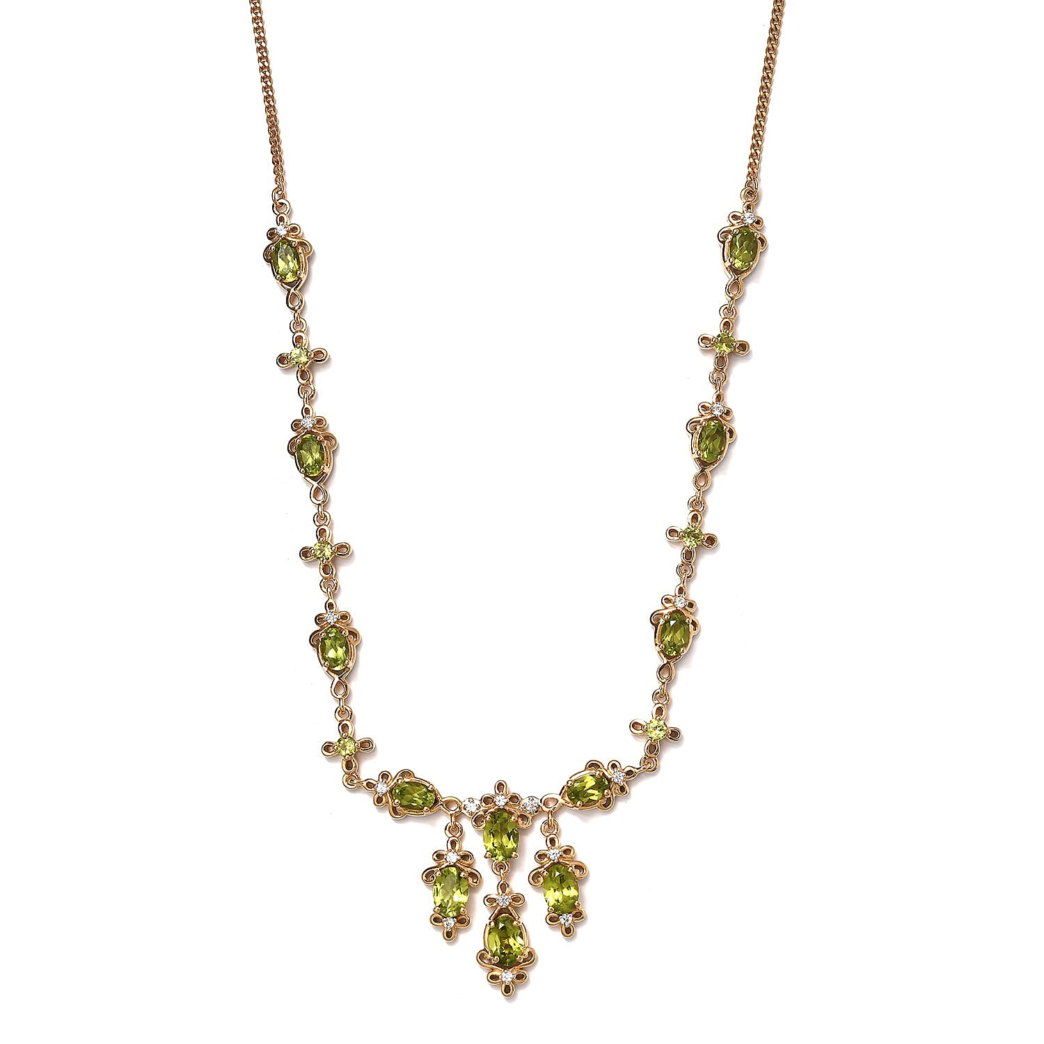 Natural Hebei Peridot and Natural Cambodian Zircon Cluster Necklace (Size 18) in 14K Gold Overlay Sterling Silver 7.96 Ct, Silver wt. 16.50 Gms